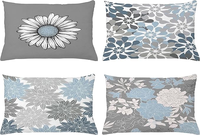 Ambesonne Floral Throw Pillow Cushion Case Pack of 4, Flower Petals Color Palette Chamomile Peony Dahlia and Sunflower Print, Modern Accent Double-Sided Digital Printing, 20" x 12", Baby Blue Grey