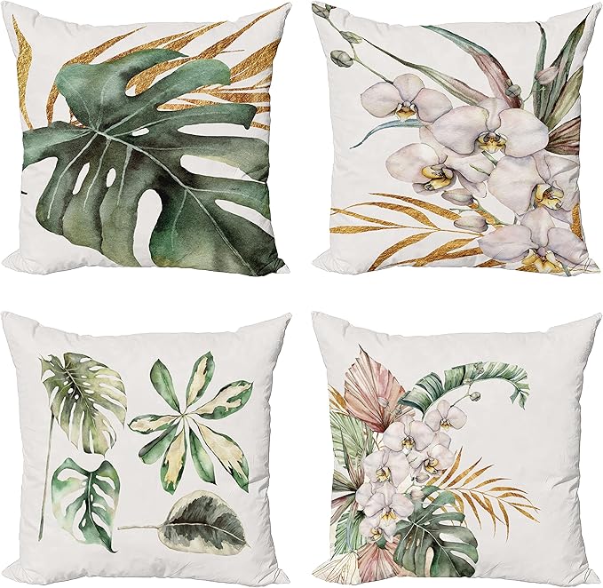 Ambesonne Vintage Tropical Throw Pillow Cushion Case Pack of 4, Retro Botanical Summer Vibes Monstera Leaf Orchid Flowers, Modern Accent Double-Sided Digital Printing, 18", Laurel Green Ginger Blush