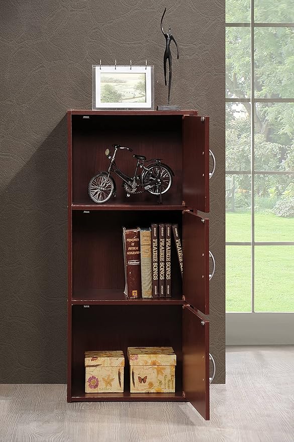 Hodedah 3 Door Bookcase Cabinet, MAHOGANY