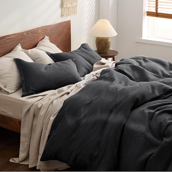 Bedsure Cotton Duvet Cover King - 100% Cotton Waffle Weave Charcoal Duvet Cover King Size, GentleSoft™ and Breathable Bedding Set for All Season, 3 Pieces, 104"x90"