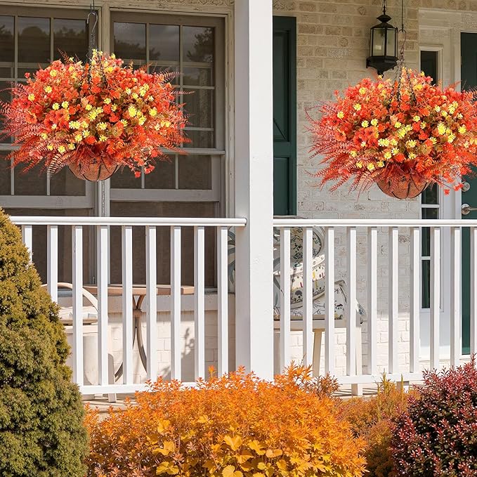 3 Set Artificial Fake Fall Hanging Flowers Plants Basket Outdoors Faux Hanging Baskets with Fall Flowers UV Resistant for Outside Yard Patio Garden Balcony Patio Porch Autumn Decor