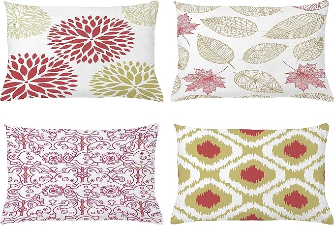 Ambesonne Vintage Throw Pillow CushiCase Pack 4, Bohemian Ornamental Leaves Dahlia Pattern Geometric Art Curlicue Motif, Modern Accent Double-Sided Digital Printing, 20" x 12", Dark Pink and Camel