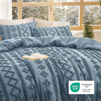 Bedsure Tufted Boho Comforter Set Queen Size - Grayish Blue Boho Bed Set, GentleSoft™ 3 Pieces Farmhouse Shabby Chic Embroidery Bedding, Gifts for Woman, Soft Jacquard Queen Comforter for All Seasons