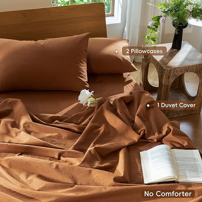 MooMee Bedding Duvet Cover Set 100% Washed Cotton Linen Like Textured Breathable Durable Soft Comfy (Solid Dark Orange, Full 80"x90")