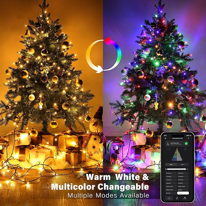 BrizLabs Color Changing Smart Christmas Lights, 98ft 300 LED Warm White & Multicolor Christmas Lighting with APP/Voice Control, Music Sync Xmas Tree Lights Dimmable String Lighting for Xmas Party Tree