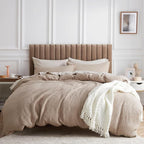 Bedsure 100% Cotton Duvet Cover Queen Size with Fitted Sheet - 4 Pieces Khaki Waffle Weave Bedding Set, GentleSoft™ and Breathable, Includes 1 Duvet Cover 90x90, 1 Fitted Sheet, 2 Pillow Shams