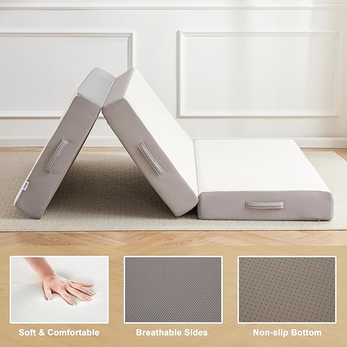Folding Mattress, 6 Inch Memory Foam Tri-fold Mattress with Breathable & Washable Bamboo Fiber Fabric Cover, Foldable Guest Bed for Camping, Road Trip, Queen
