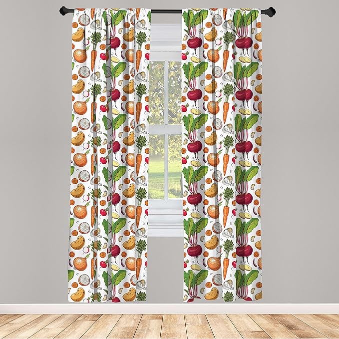 Ambesonne Vegetables 2 Panel Curtain Set, Continuous Pattern of Sketchy Painted Healthy Natural Tasty Food Illustration, Window Treatment Living Room Bedroom Decor, Pair of - 28" x 63", Green Orange
