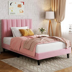 Allewie Twin Bed Frame/Velvet Upholstered Bed Frame with Vertical Channel Tufted Headboard/Strong Wooden Slats/Platform Bed Frame/Mattress Foundation/Box Spring Optional/Easy Assembly/Pink