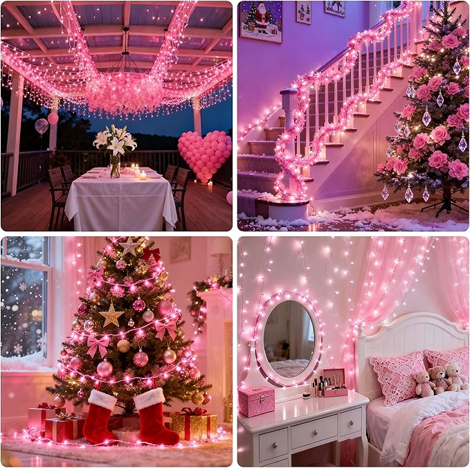 66Ft 200LED Pink Christmas Tree Lights Plug in,8 Modes Connectable Pink String Light Indoor Outdoor for Christmas Tree Bedroom Garden Decor (Clear Wire)