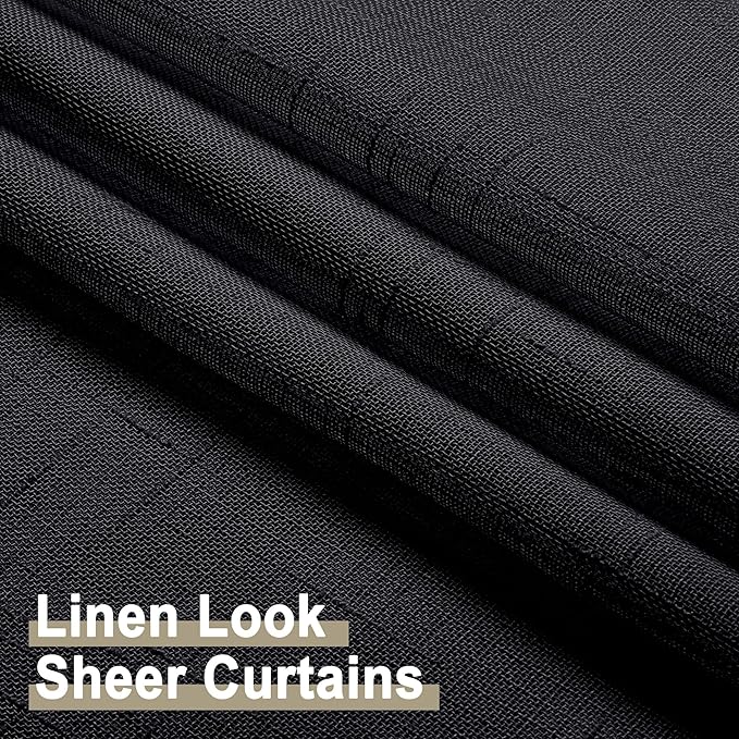 Aiyufeng Kirei Black Sheer Curtains 63 Inch Length 2 Panels, Faux Linen Slub Textured Soft Breathable Rod Pocket Light Filtering Curtain for Living Room Bedroom Kitchen, Each 40Wx63L Inch