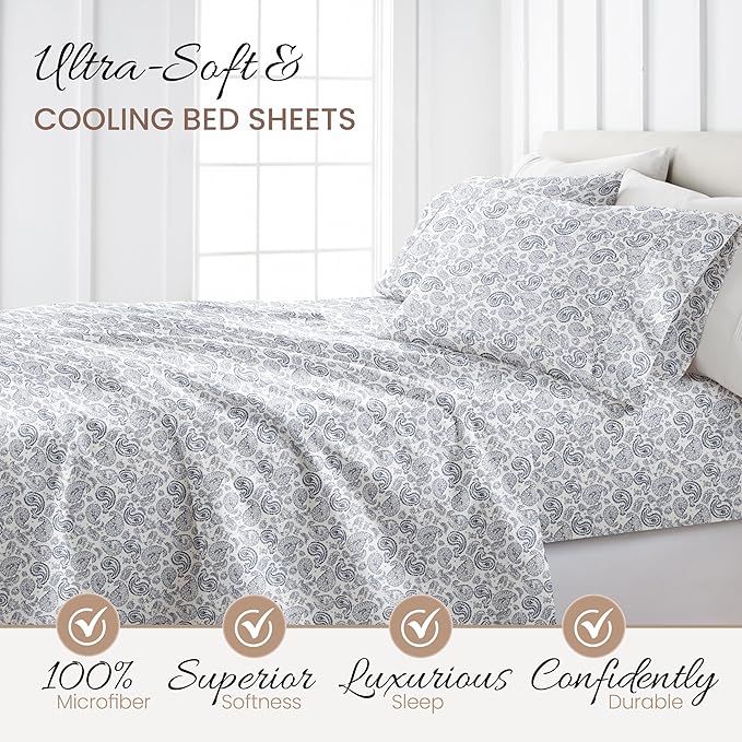 Linen Market 4 Piece King Sheet Set - Breathable, Double-Brushed Patterned Cooling Sheets – Oeko-TEX Certified Ultra Soft & Wrinkle-Free 16" Deep-Pocket King Sheets - Easy Care Coarse Paisley Navy