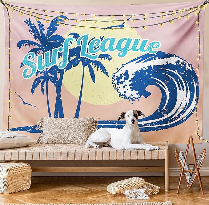 Lunarable Vintage Hawaii Tapestry, Surf League Lettering with Wave Tropical Trees and Birds Silhouettes Print, Fabric Wall Hanging Decor for Bedroom Living Room Dorm, 45" X 30", Pink Blue