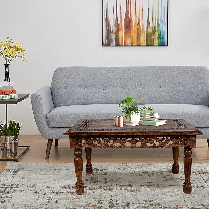 Rectangular Wooden Coffee Table Cutwork Jali Carving, Farmhouse Coffee Table, Rustic Center Table, Mid Century, Rustic and Modern Style Living Room Furniture - 36x24x18 Inch Burnt