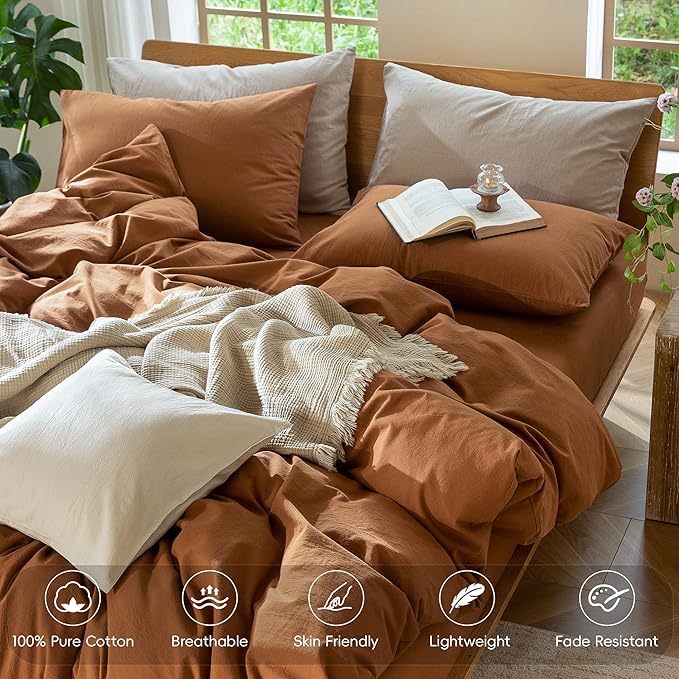 MooMee Bedding Duvet Cover Set 100% Washed Cotton Linen Like Textured Breathable Durable Soft Comfy (Solid Dark Orange, Alaska King 132"x120")