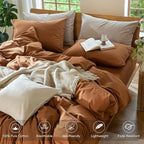 MooMee Bedding Duvet Cover Set 100% Washed Cotton Linen Like Textured Breathable Durable Soft Comfy (Solid Dark Orange, Full 80"x90")