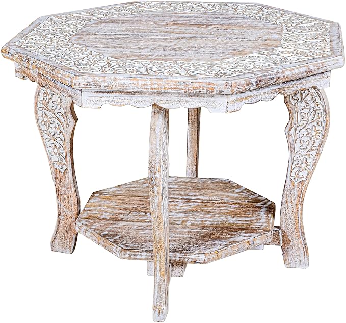 Hand Carved Wooden Octagon Coffee Table, 24"x24"x18" White wash Farmhouse Accent End Table, Rustic Foldable Side Table Nightstand for Bedroom, Dining Room & Living Room