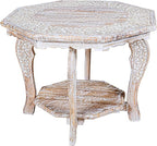 Hand Carved Wooden Octagon Coffee Table, 24"x24"x18" White wash Farmhouse Accent End Table, Rustic Foldable Side Table Nightstand for Bedroom, Dining Room & Living Room