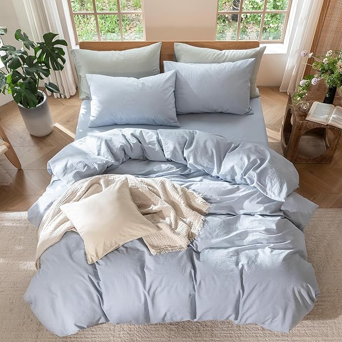 MooMee Bedding Duvet Cover Set 100% Washed Cotton Linen Like Textured Breathable Durable Soft Comfy (Heathered Cornflower Blue, Oversized Queen 98"x98")