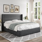 Allewie Queen Size Lift Up Storage Bed, Modern Wingback Headboard, Hydraulic Support, No Box Spring Needed, Dark Grey
