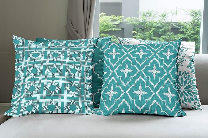 Ambesonne Vintage Throw Pillow Cushion Case Pack of 4, Monochrome Design Grid Trellis Quatrefoil Mesh and Dahlia Flowers Modern Print, Modern Accent Double-Sided Digital Printing, 20", Teal and White
