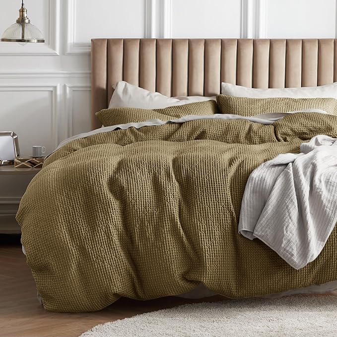 Bedsure Cotton Duvet Cover King - 100% Cotton Waffle Weave Fennel Seed Duvet Cover King Size, GentleSoft™ and Breathable Bedding Set for All Season, 3 Pieces, 104"x90"