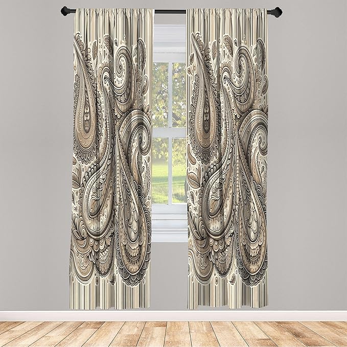 Ambesonne Paisley Window Curtains Pack of 2, Delicate Bohemian Leafy Motives on Stripes in Neutral Muted Colors, Lightweight Set with Rod Pocket, 4 Panels of - 28" x 84", Warm Taupe Ivory and Sepia