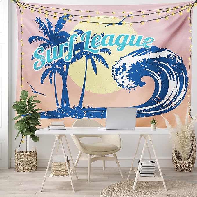 Lunarable Vintage Hawaii Tapestry, Surf League Lettering with Wave Tropical Trees and Birds Silhouettes Print, Fabric Wall Hanging Decor for Bedroom Living Room Dorm, 45" X 30", Pink Blue