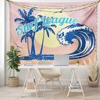 Lunarable Vintage Hawaii Tapestry, Surf League Lettering with Wave Tropical Trees and Birds Silhouettes Print, Fabric Wall Hanging Decor for Bedroom Living Room Dorm, 45" X 30", Pink Blue