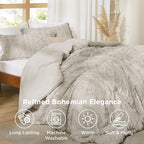 Bedsure Tufted Boho Comforter Set Queen Size - Linen Boho Bed Set, GentleSoft™ 3 Pieces Farmhouse Shabby Chic Embroidery Bedding, Gifts for Woman, Soft Jacquard Queen Comforter for All Seasons