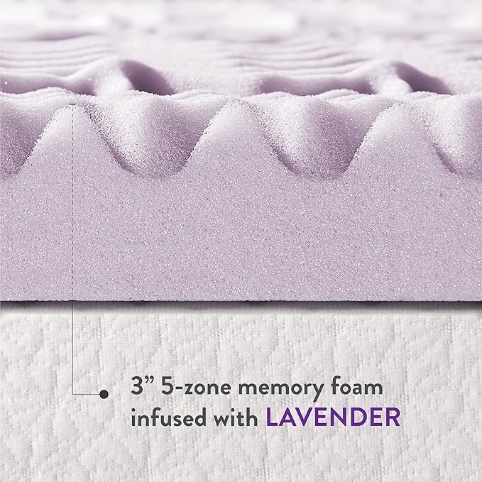 Mellow 3 Inch 5-Zone Memory Foam Mattress Topper, Soothing Lavender Infusion, Dorm Essentials, Queen