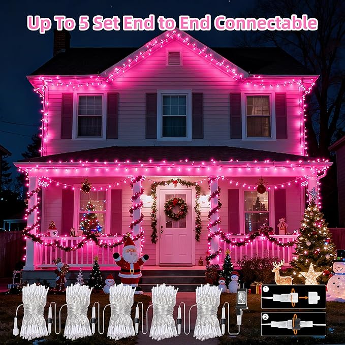 66Ft 200LED Pink Christmas Tree Lights Plug in,8 Modes Connectable Pink String Light Indoor Outdoor for Christmas Tree Bedroom Garden Decor (Clear Wire)