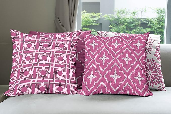 Ambesonne Vintage Throw Pillow Cushion Case Pack of 4, Monochrome Design Grid Trellis Quatrefoil Mesh and Dahlia Flowers Modern Print, Modern Accent Double-Sided Digital Printing, 18", Pink and White