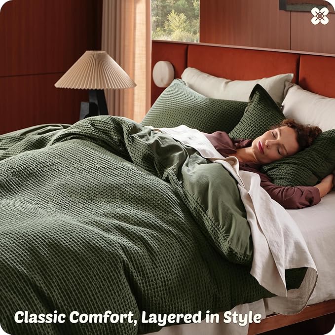 Bedsure Cotton Duvet Cover Queen - 100% Cotton Waffle Weave Olive Green Duvet Cover Queen Size, GentleSoft™ and Breathable Bedding Set for All Season, 3 Pieces, 90"x90"