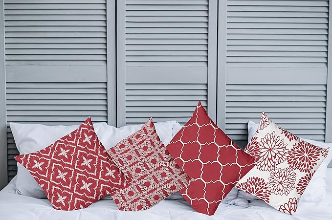 Ambesonne Vintage Throw Pillow Cushion Case Pack of 4, Monochrome Design Grid Trellis Quatrefoil Mesh and Dahlia Flowers Modern Print, Modern Accent Double-Sided Digital Printing, 18", Ruby and White