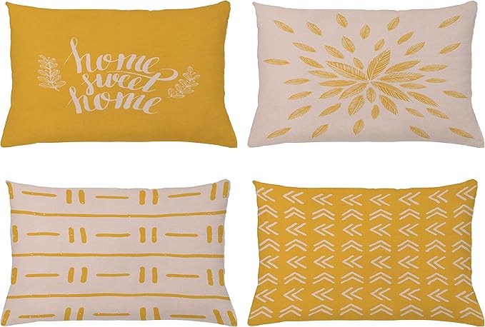 Ambesonne Modern Throw Pillow CushiCase Pack 4, Scandinavian Minimal Ornaments Boho Feather Leaves Home Phrase, Modern Accent Double-Sided Digital Printing, 20" x 12", Pale Tan and Earth Yellow