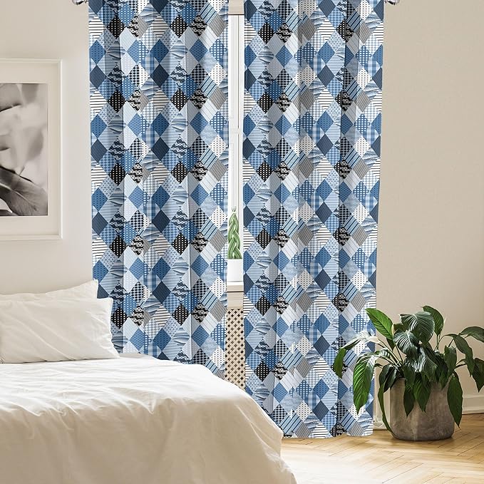 Ambesonne Geometric Window Curtains, Geometrical Diamond Shaped Lines with Various Nostalgic Fashioned Old Pattern, Decorative Panels Set of 2 with Rod Pocket, Pair of - 28" x 63", Black Blue