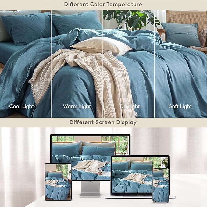 MooMee Bedding Duvet Cover Set 100% Washed Cotton Linen Like Textured Breathable Durable Soft Comfy (Heathered Peacock Blue, Twin 68"x90")