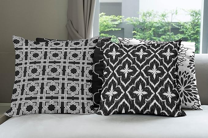 Ambesonne Vintage Throw Pillow Cushion Case Pack of 4, Monochrome Design Grid Trellis Quatrefoil Mesh and Dahlia Flowers Modern, Modern Accent Double-Sided Digital Printing, 24", Charcoal Grey White