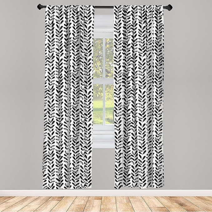 Ambesonne Black and White Window Curtains Pack of 2, Modern Grunge Botany Motif Monochrome Brush Paint Style Strokes, Lightweight Set with Rod Pocket, 4 Panels of - 28" x 63", White and Black