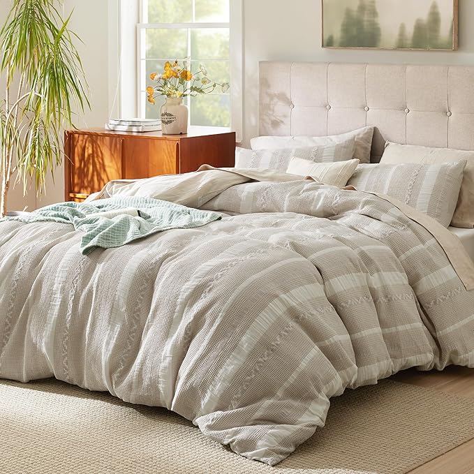 Bedsure Waffle Weave Duvet Cover King - 100% Cotton Boho Duvet Cover with 2 Pillowcases - Linen Color Textured Comforter Cover with Zipper Closure (King, 104"x90")