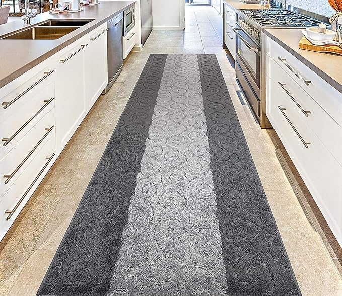 Custom Size Modern Runner Rug Carpet for Hallway Entryway Foyer Kitchen, Slip Resistant Latex Rubber Backed 31 inch Wide X Customized Length, Scroll Grey, 31 inch X 9 feet