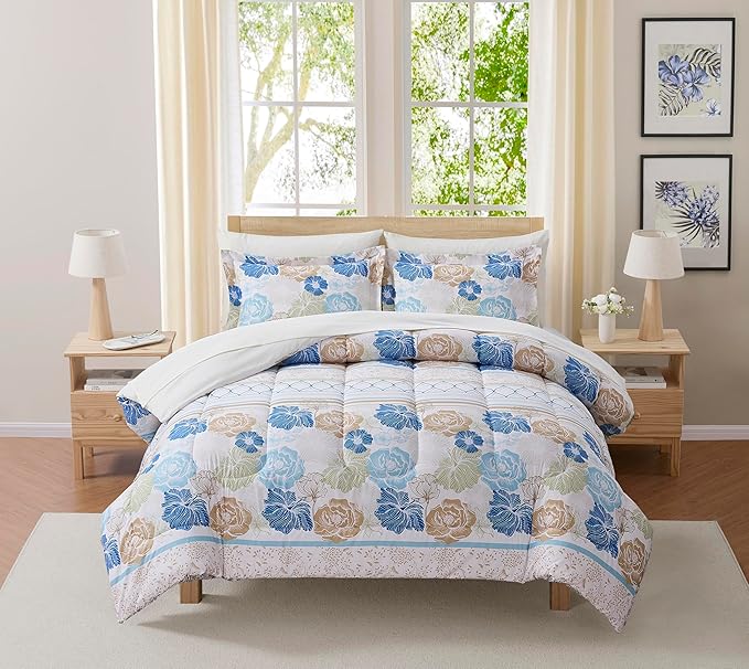 Floral Comforter Set King Size with Sheets Bed in a Bag – Deep Pocket Fitted Sheet with Elastic Corners, Cozy Comforter, Pillowcases & Shams – Soft Microfiber All Season Bedding – Machine Washable
