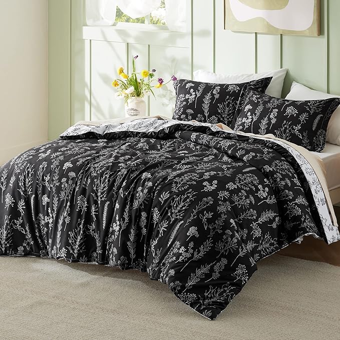 Bedsure Queen Comforter Set - Black Bed Set, 3 Pieces Cute Floral Bedding, 1 Soft Reversible Botanical Flowers Comforter and 2 Pillow Shams