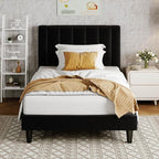 Allewie Twin Bed Frame/Velvet Upholstered Bed Frame with Vertical Channel Tufted Headboard/Strong Wooden Slats/Platform Bed Frame/Mattress Foundation/Box Spring Optional/Easy Assembly/Black