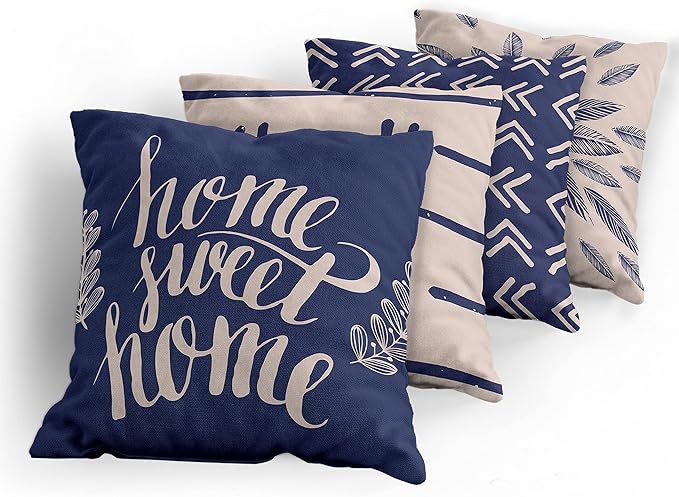 Ambesonne Modern Throw Pillow Cushion Case Pack of 4, Scandinavian Minimal Ornaments Boho Feather Leaves and Home Phrase Print, Modern Accent Double-Sided Digital Printing, 18", Pale Tan and Indigo