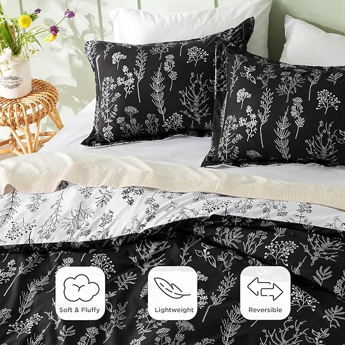 Bedsure Queen Comforter Set - Black Bed Set, 3 Pieces Cute Floral Bedding, 1 Soft Reversible Botanical Flowers Comforter and 2 Pillow Shams