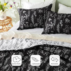Bedsure Queen Comforter Set - Black Bed Set, 3 Pieces Cute Floral Bedding, 1 Soft Reversible Botanical Flowers Comforter and 2 Pillow Shams