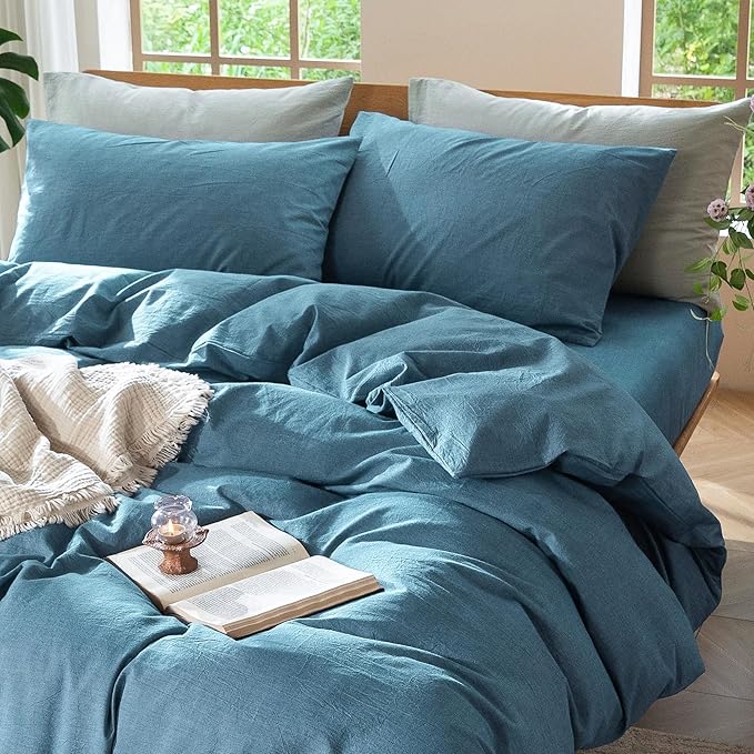 MooMee Bedding Duvet Cover Set 100% Washed Cotton Linen Like Textured Breathable Durable Soft Comfy (Heathered Peacock Blue, Twin 68"x90")
