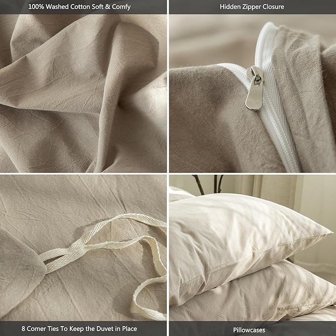 MooMee Bedding Duvet Cover Set 100% Washed Cotton Linen Like Textured Breathable Durable Soft Comfy (Solid Light Camel, Alaska King 132"x120")
